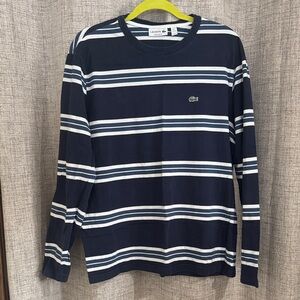 Lacoste Men's Long Sleeve Navy and White Striped Tee